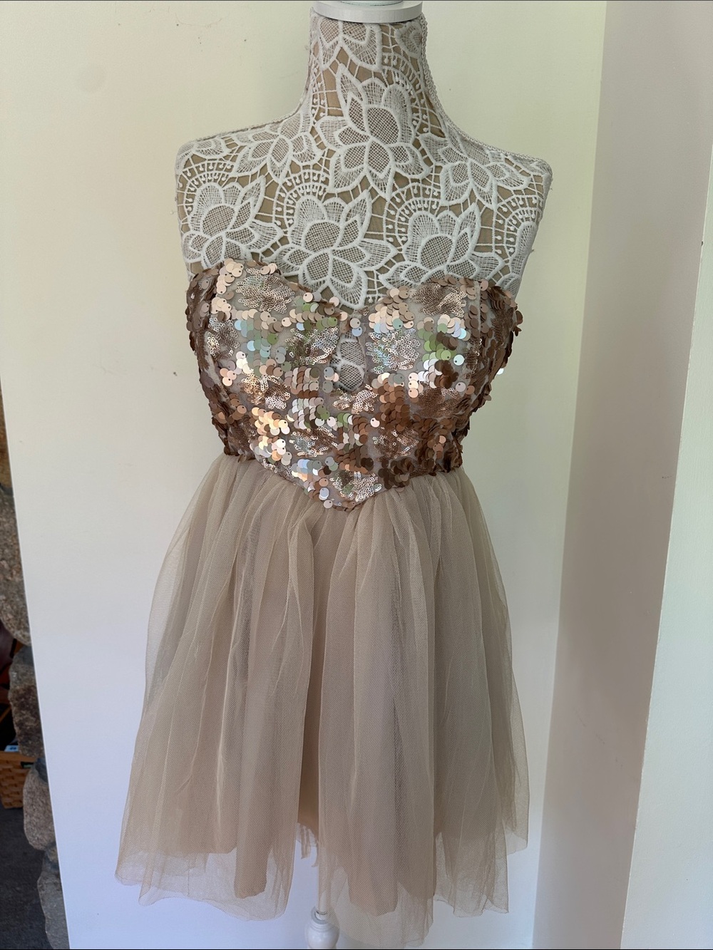 Xenia Boutique Strapless Sequin Bodice Tulle Dress in Taupe and Champagne